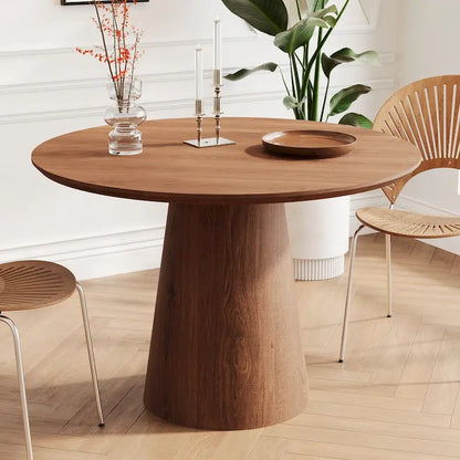 Table de salle à manger ronde pour 4 à 6 personnes, table en bois naturel avec pied conique en bois, style rustique et minimaliste