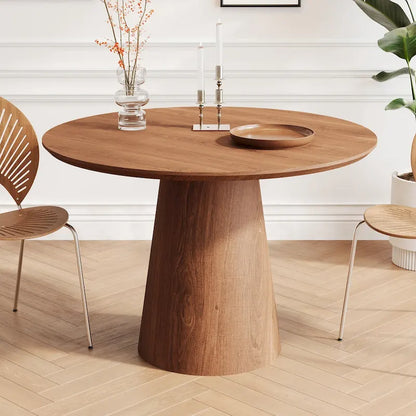 Table de salle à manger ronde pour 4 à 6 personnes, table en bois naturel avec pied conique en bois, style rustique et minimaliste