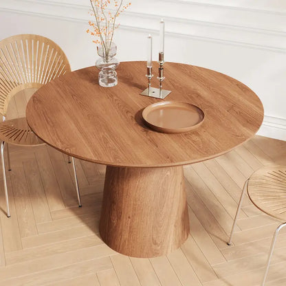 Table de salle à manger ronde pour 4 à 6 personnes, table en bois naturel avec pied conique en bois, style rustique et minimaliste