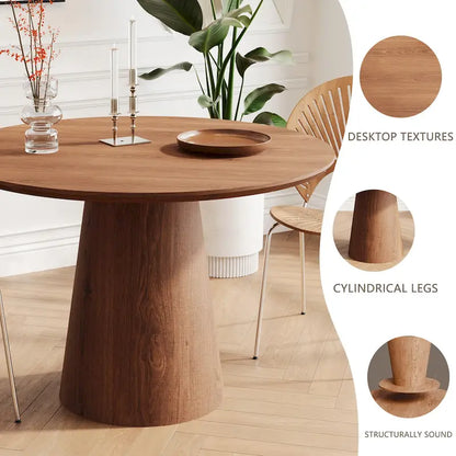 Table de salle à manger ronde pour 4 à 6 personnes, table en bois naturel avec pied conique en bois, style rustique et minimaliste