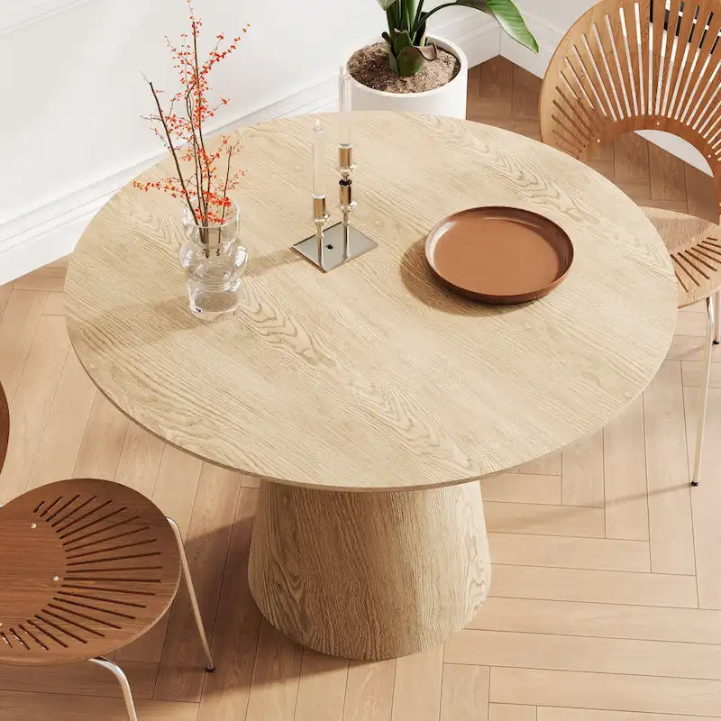 Table de salle à manger ronde pour 4 à 6 personnes, table en bois naturel avec pied conique en bois, style rustique et minimaliste