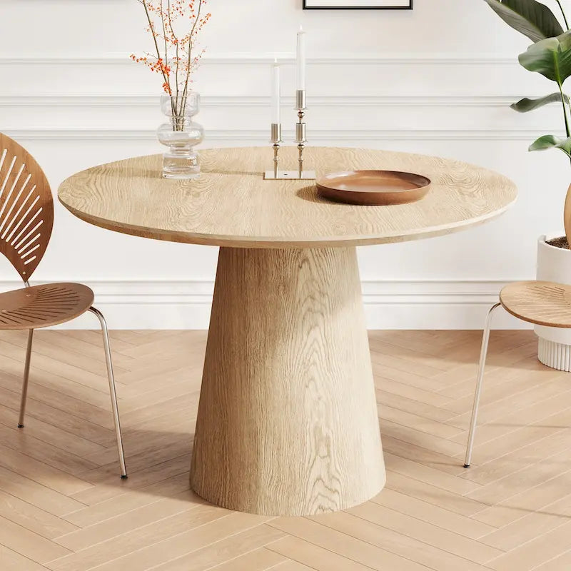 Table de salle à manger ronde pour 4 à 6 personnes, table en bois naturel avec pied conique en bois, style rustique et minimaliste