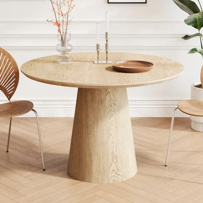 Table de salle à manger ronde pour 4 à 6 personnes, table en bois naturel avec pied conique en bois, style rustique et minimaliste