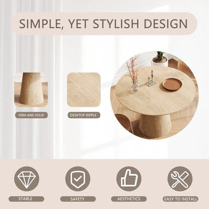 Table de salle à manger ronde pour 4 à 6 personnes, table en bois naturel avec pied conique en bois, style rustique et minimaliste