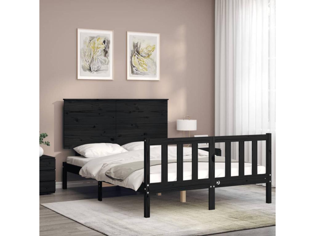Cadre de lit en bois massif noir, 140 x 190 cm