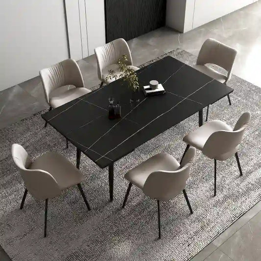 7 Piece 62.9 inch to 94.4 inch Extendable Dining Table Set with Sintered Stone Top 6 Chairs