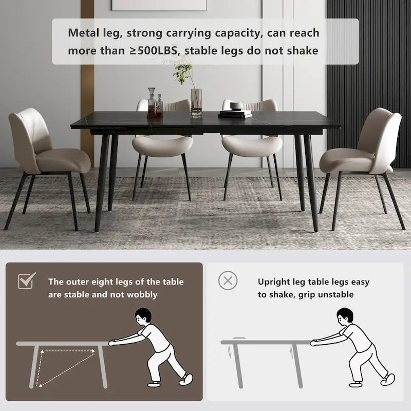 Ensemble de salle à manger extensible 7 pièces (de 62,9 pouces à 94,4 pouces) avec plateau en pierre frittée et 6 chaises